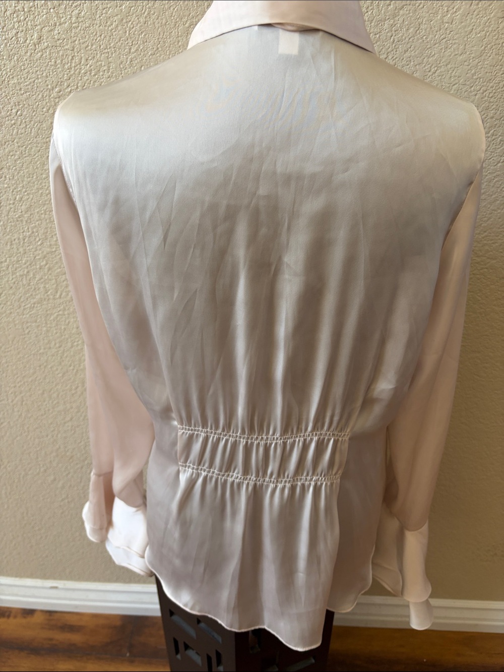 CAbi Ivory Satin Ruffle Blouse Size M Romantic Career Cottagecore Top - Picture 2 of 10